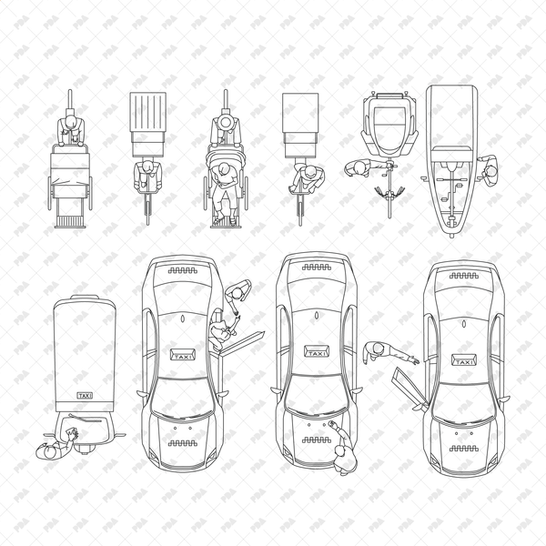 CAD, Vector Taxi, TukTuk, Rickshaw Drivers in Top View