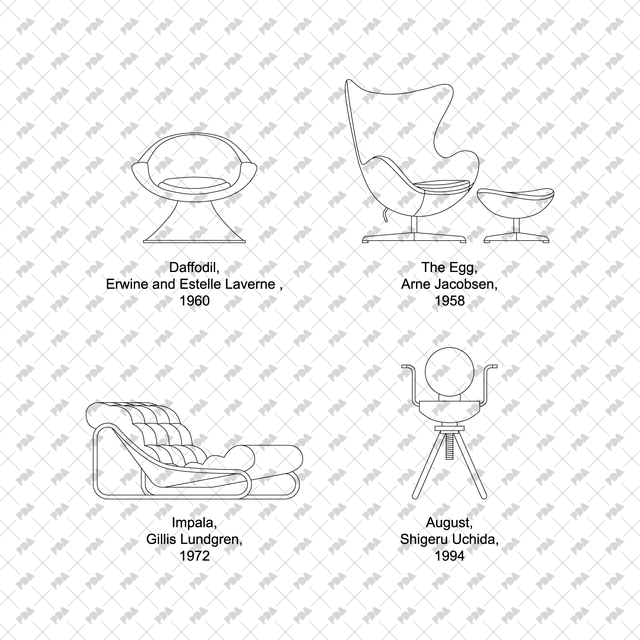 مجموعة كراسي CAD Vector Modernist Mid-Century - الهندسة المعمارية الرقمية بعد العصر الرقمي - موارد مجانية وبأسعار معقولة للمهندسين المعماريين