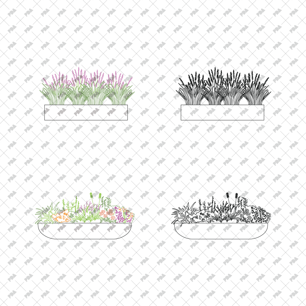 CAD, Vector, PNG Street Plants in Planters in Color and B/W