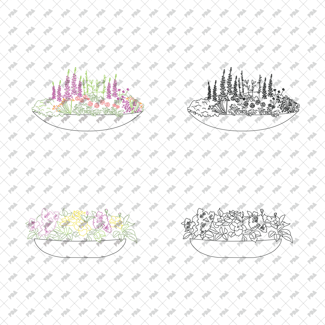 CAD, Vector, PNG Street Plants in Planters in Color and B/W