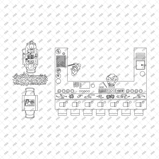 CAD, Vector All You Need for Sushi Bar Design in Top and Side view Multi Pack