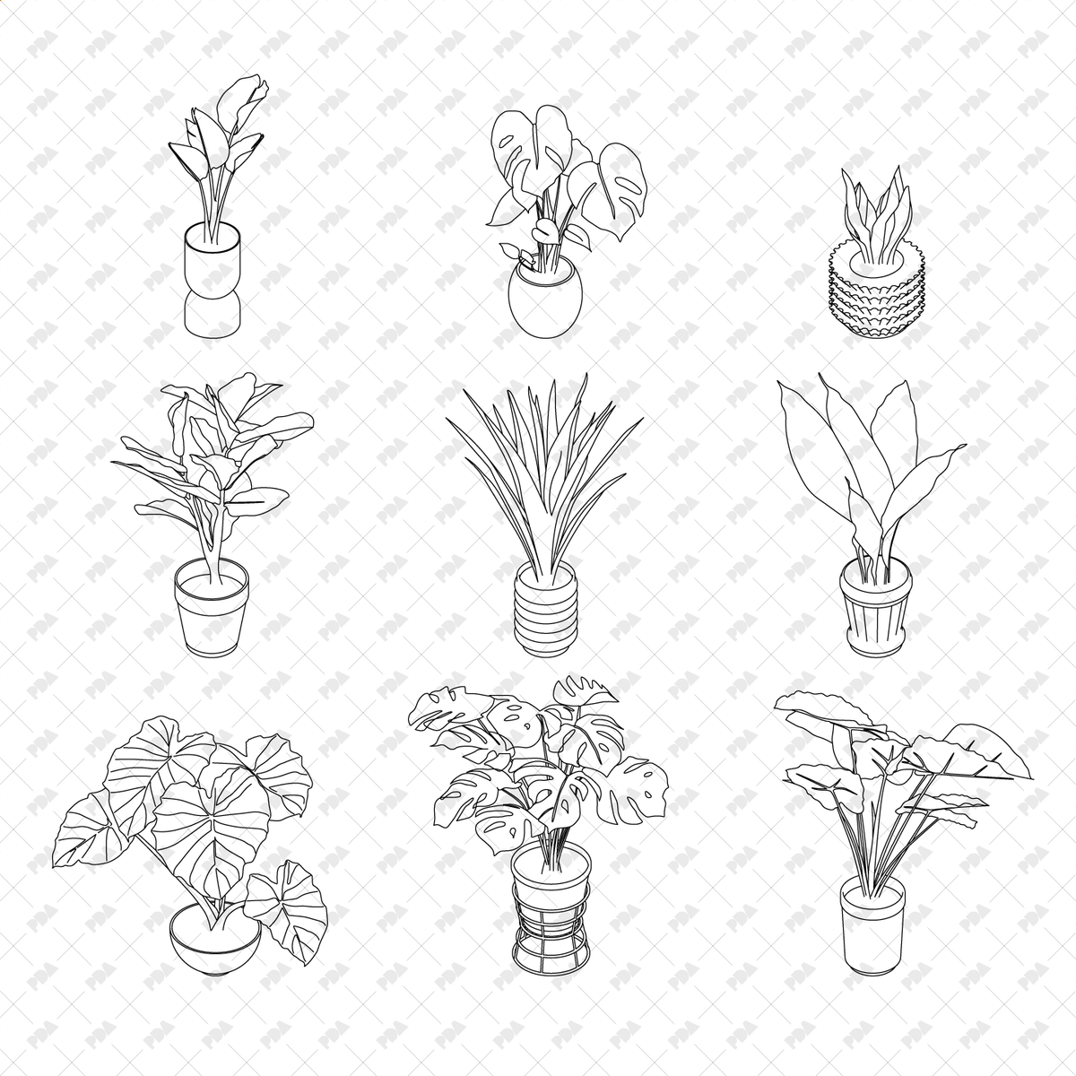 Fixed Plant Vector CAD, Vector Isometric Leafy Plants in Planters