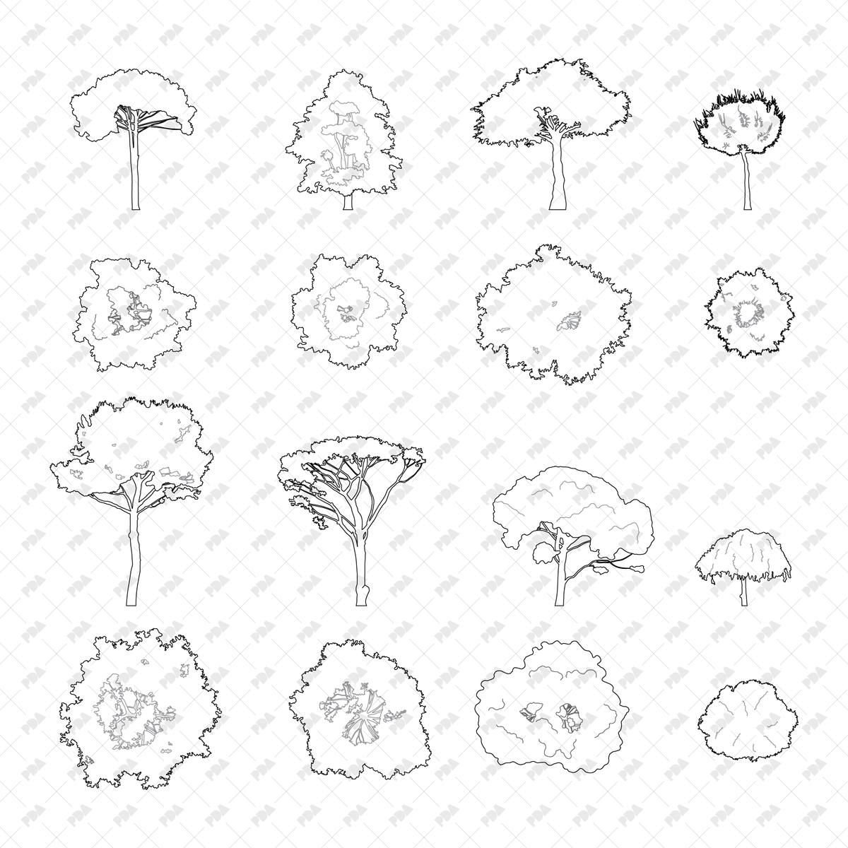 Tree Side Vector CAD, Vector Trees Set (Top and Side View)