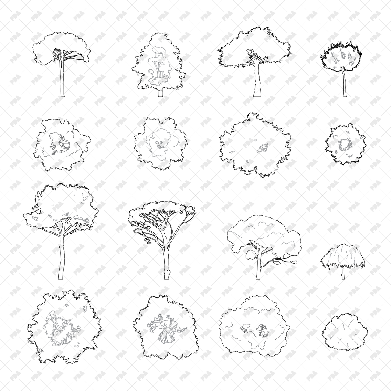 Tree Pattern Cad CAD, Vector Trees Set (Top and Side View)