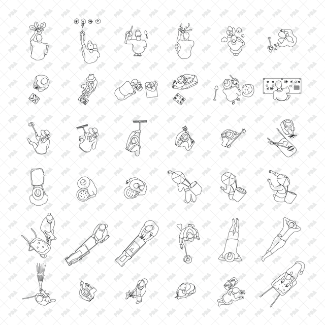 CAD, Vector Characters Planting Trees and Plants in Top View