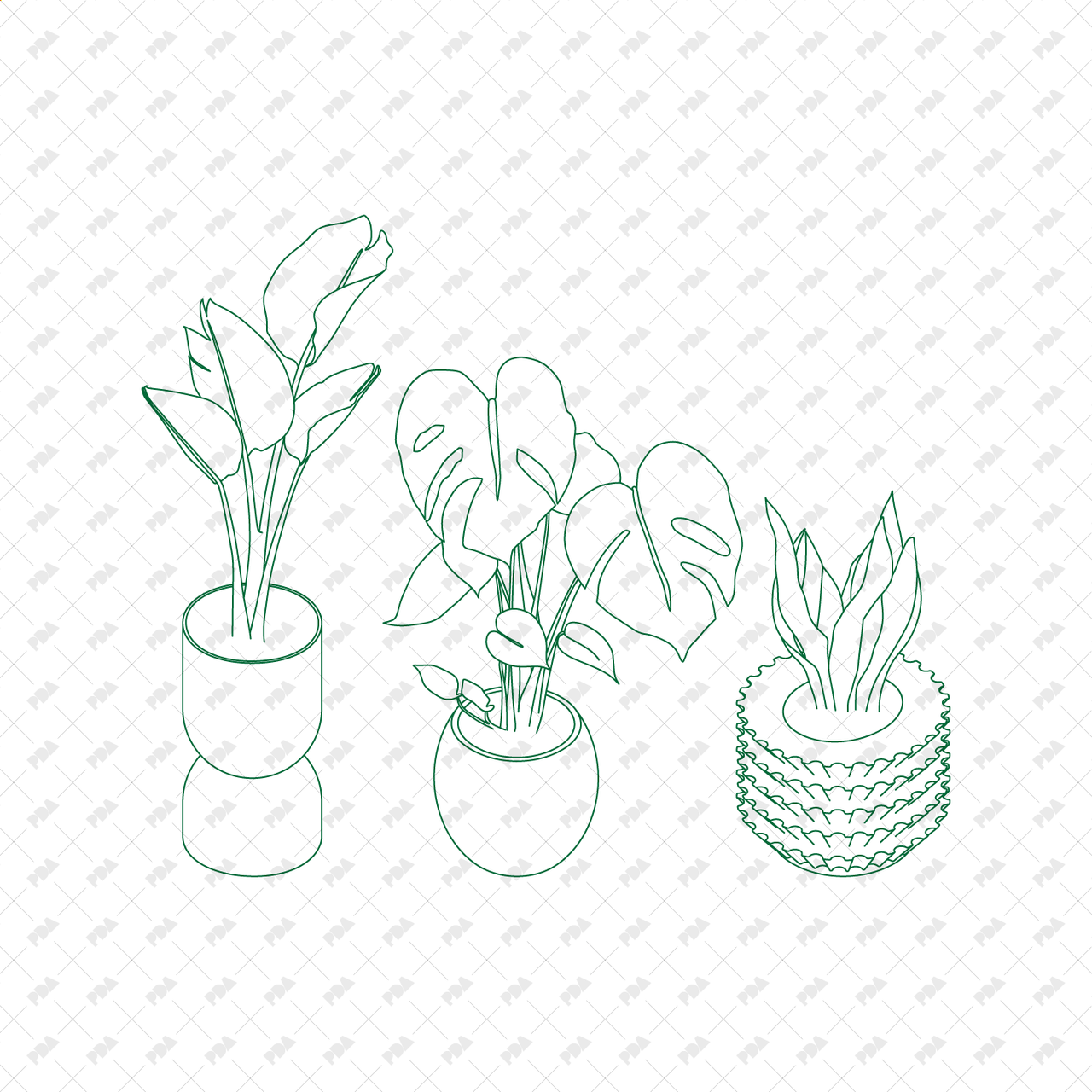 CAD, Vector Isometric Leafy Plants in Planters