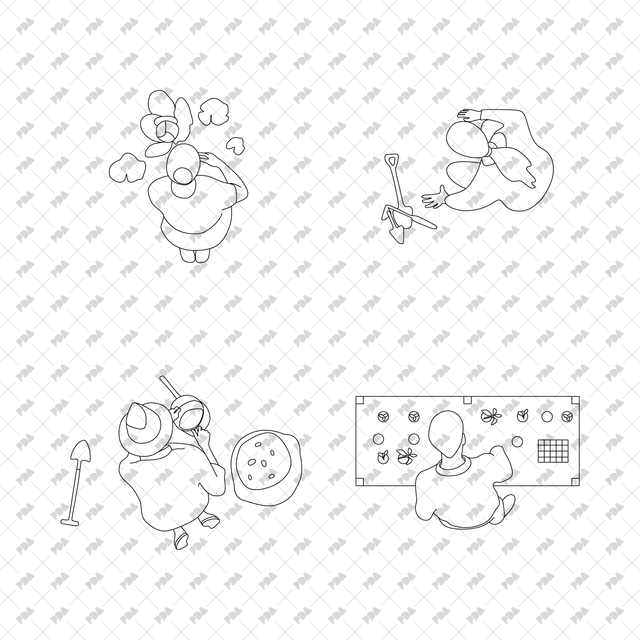 CAD, Vector Characters Planting Trees and Plants in Top View