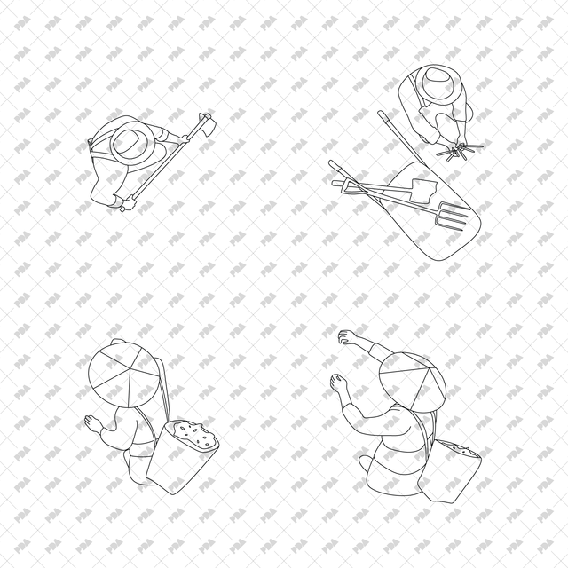 CAD, Vector Characters Planting Trees and Plants in Top View