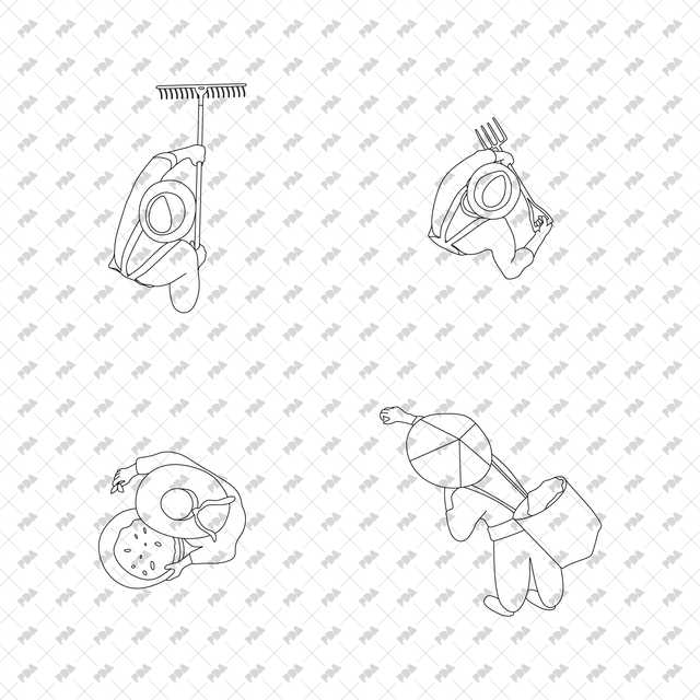 CAD, Vector Characters Planting Trees and Plants in Top View