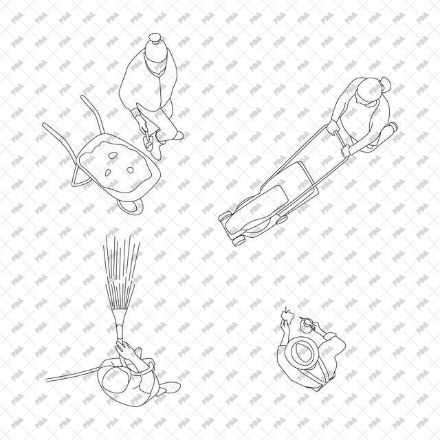CAD, Vector Characters Planting Trees and Plants in Top View