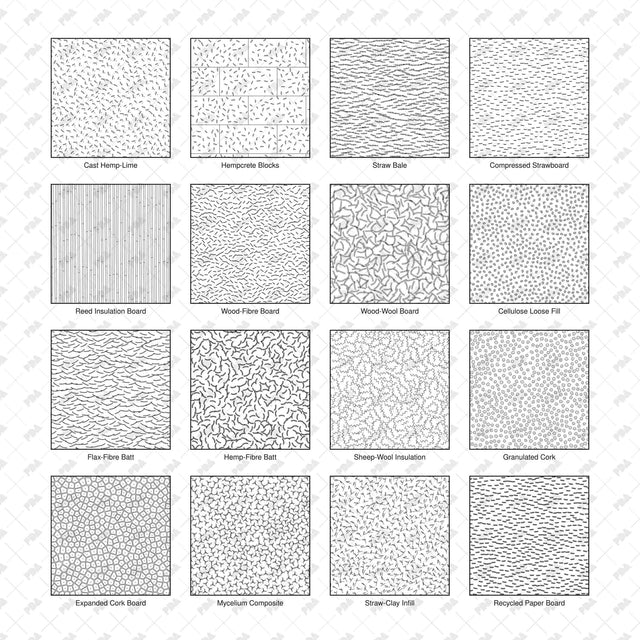 16 bio-based construction material hatches for architectural sections, arranged in a 4 by 4 catalog