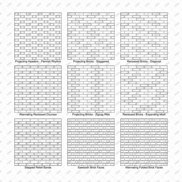 Illustrator Pattern Library - Brick Relief Façade Patterns - 9 Swatches