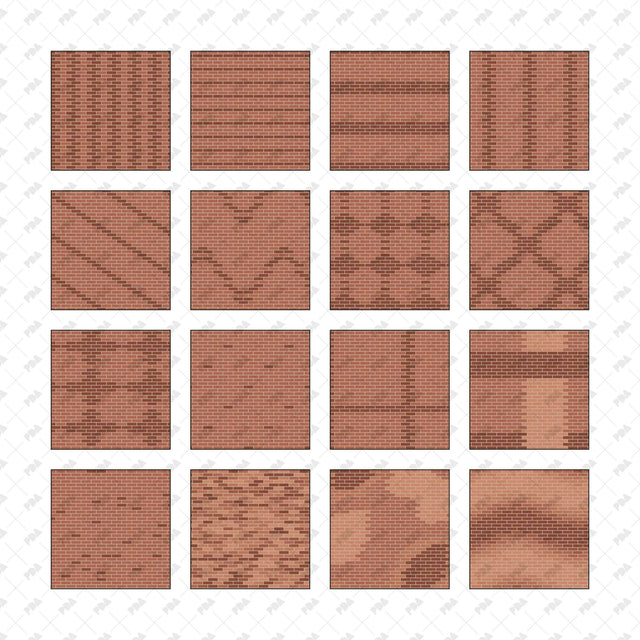 Sixteen seamless terracotta brick color patterns in an unlabeled vector catalog