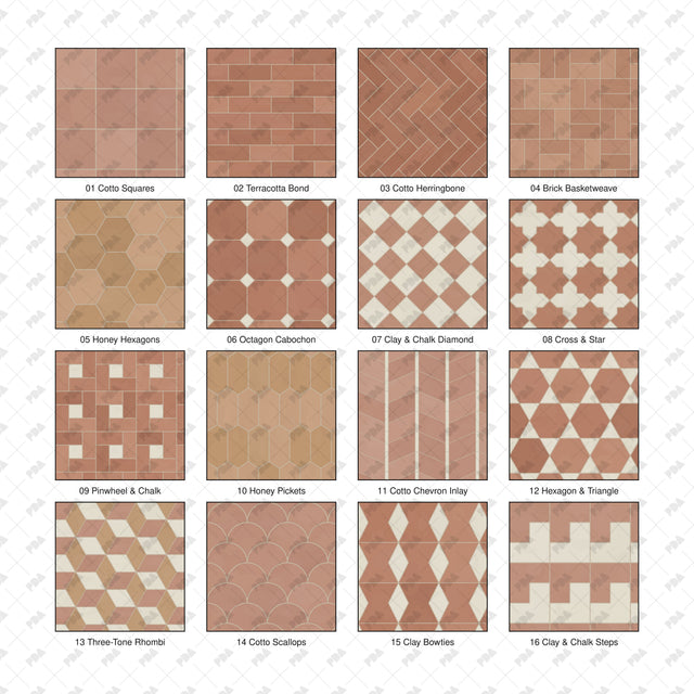 Catalog of Mediterranean terracotta and stone floor patterns in warm clay, honey and chalk colors.