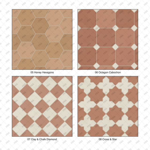 Honey Hexagons, Octagon Cabochon, Clay & Chalk Diamond, Cross & Star Mediterranean floor pattern details.
