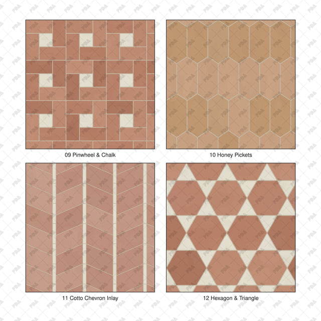 Pinwheel & Chalk, Honey Pickets, Cotto Chevron Inlay, Hexagon & Triangle Mediterranean floor pattern details.