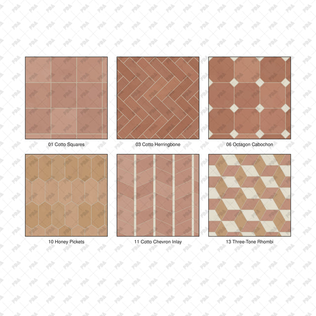 Micro Set catalog of Mediterranean floor patterns: Cotto Squares, Cotto Herringbone, Octagon Cabochon, Honey Pickets, Cotto Chevron Inlay and Three-Tone Rhombi.