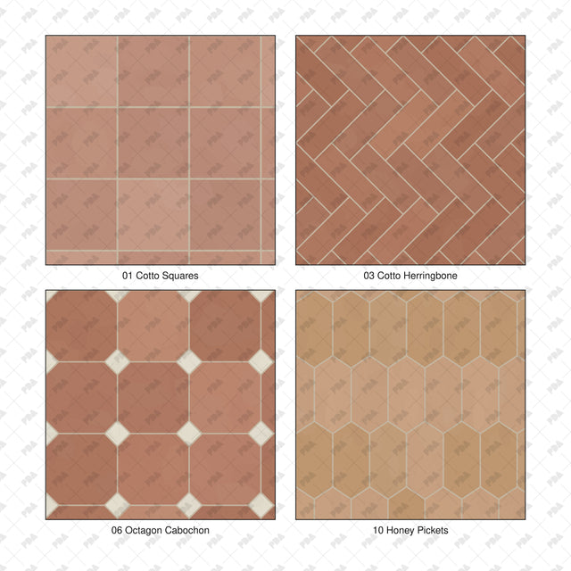 Cotto Squares, Cotto Herringbone, Octagon Cabochon and Honey Pickets from the Mediterranean floor Micro Set.