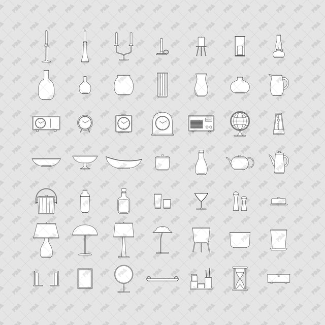49 mid-century decor items in front view: vases, candleholders, clocks, lamps and tabletop accessories on a light gray background