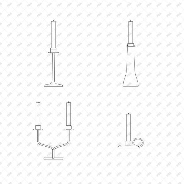 Slender Brass Taper Candlestick; Turned Teak Candlestick; Two Branch Brass Candelabrum; Brass Chamberstick, front elevation line drawings