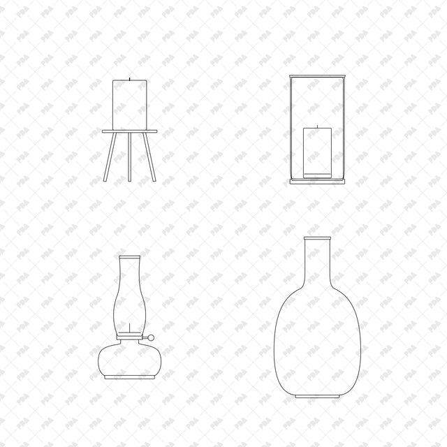 Tripod Pillar Candle Stand; Glass Hurricane Candleholder; Glass and Brass Oil Lamp; Tall Stoneware Bottle Vase, front elevation line drawings