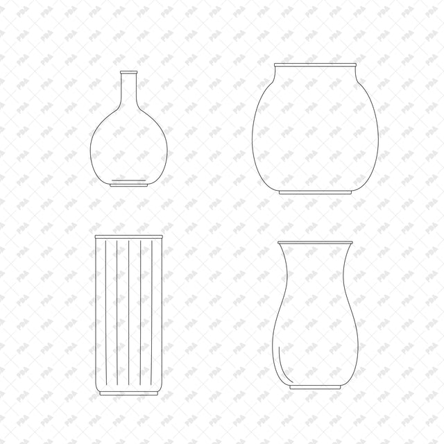 Small Glass Bud Vase; Wide Shouldered Ceramic Vase; Fluted Cylinder Vase; Waisted Art Glass Vase, front elevation line drawings