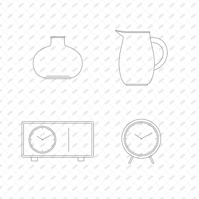 Squat Round Glass Vase; Stoneware Water Pitcher; Walnut Mantel Clock; Brass Round Desk Clock, front elevation line drawings