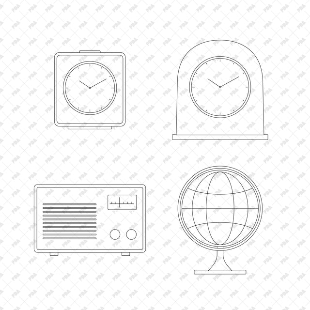 Square Bedside Alarm Clock; Arched Timber Mantel Clock; Compact Table Radio; Small Table Globe, front elevation line drawings