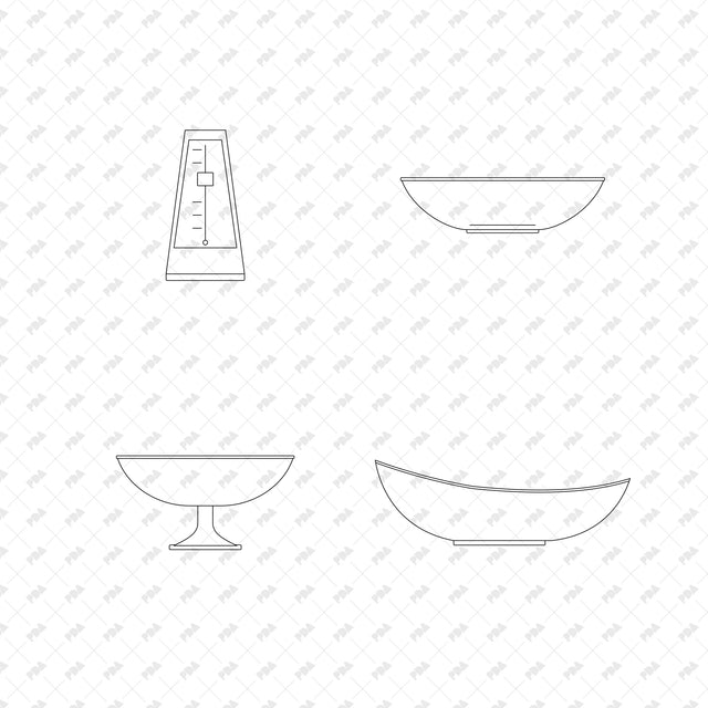Wooden Pendulum Metronome; Low Teak Serving Bowl; Footed Ceramic Fruit Bowl; Elongated Glass Centrepiece Bowl, front elevation line drawings