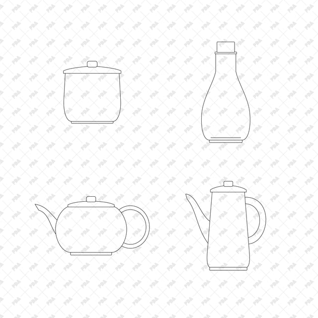 Lidded Ceramic Storage Jar; Cork Stoppered Glass Carafe; Ceramic Teapot; Tall Enamel Coffee Pot, front elevation line drawings