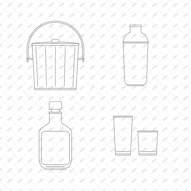 Teak Ice Bucket; Stainless Steel Cocktail Shaker; Shouldered Glass Decanter; Highball and Tumbler Glasses, front elevation line drawings