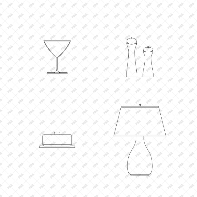 Stemmed Cocktail Glass; Turned Pepper and Salt Mills; Covered Ceramic Butter Dish; Ceramic Table Lamp with Linen Shade, front elevation line drawings