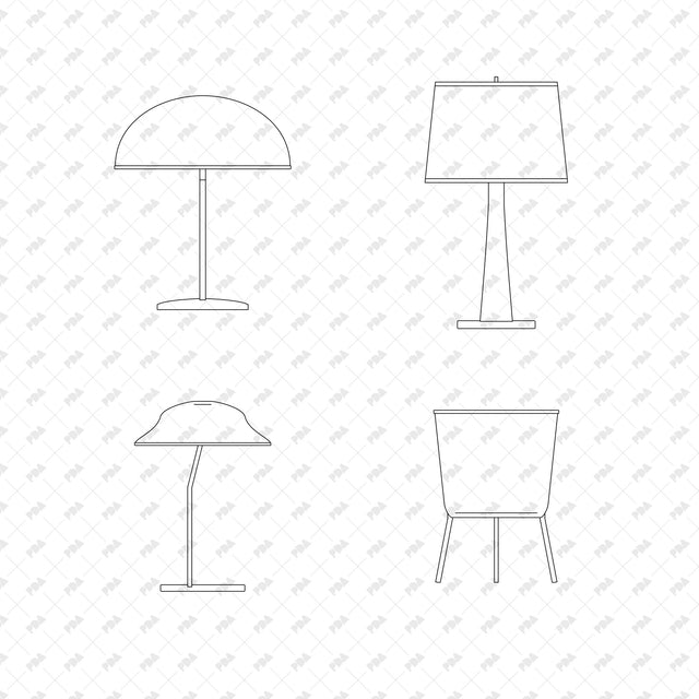 Metal Dome Table Lamp; Teak Column Table Lamp; Brass Task Table Lamp; Ceramic Planter on Teak Stand, front elevation line drawings