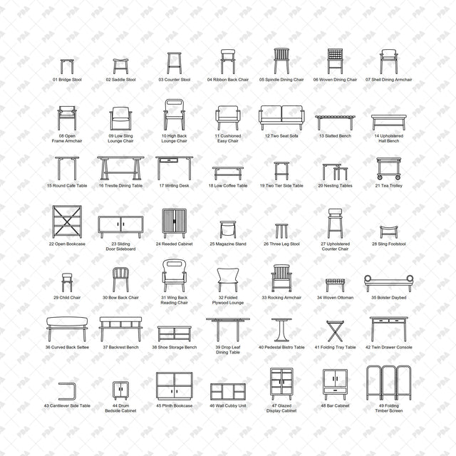 Complete catalogue of 49 Nordic bentwood furniture front elevations on white
