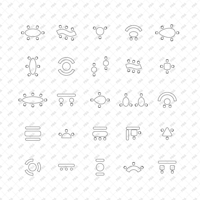 Twenty-five minimalist outdoor dining layouts in top view with tables, chairs and benches