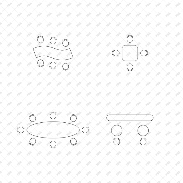 Outdoor dining modules 9 to 12 in top view with simple tables and seating