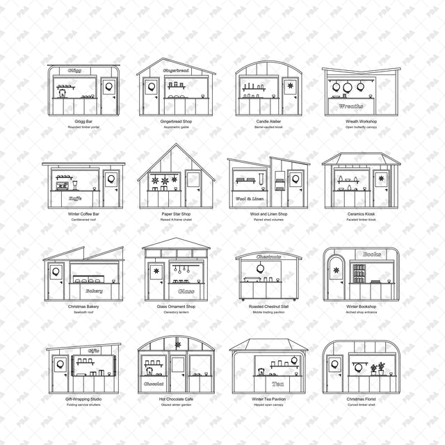 Scandinavian Christmas market pavilions in front elevation, full catalogue
