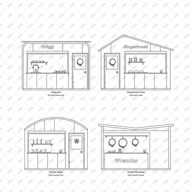 CAD, Vector, PNG Scandinavian Christmas Market Pavilions in Front View - Post Digital Architecture — Free and Affordable Resources for Architects