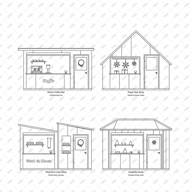 CAD, Vector, PNG Scandinavian Christmas Market Pavilions in Front View - Post Digital Architecture — Free and Affordable Resources for Architects