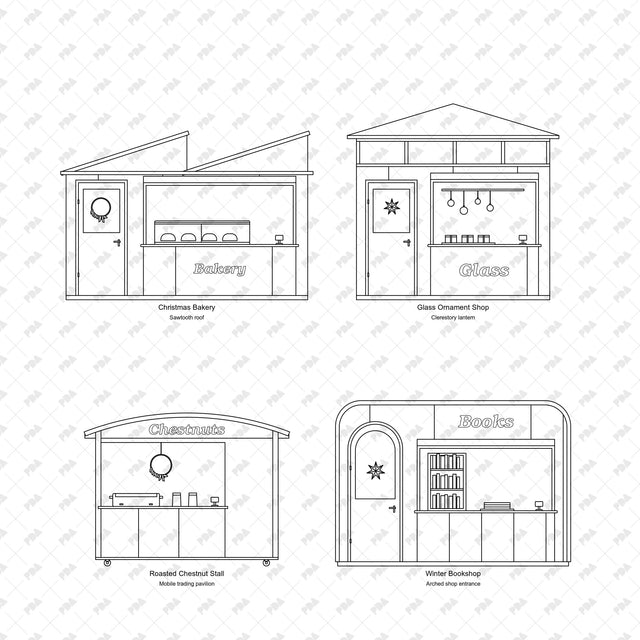 CAD, Vector, PNG Scandinavian Christmas Market Pavilions in Front View - Post Digital Architecture — Free and Affordable Resources for Architects