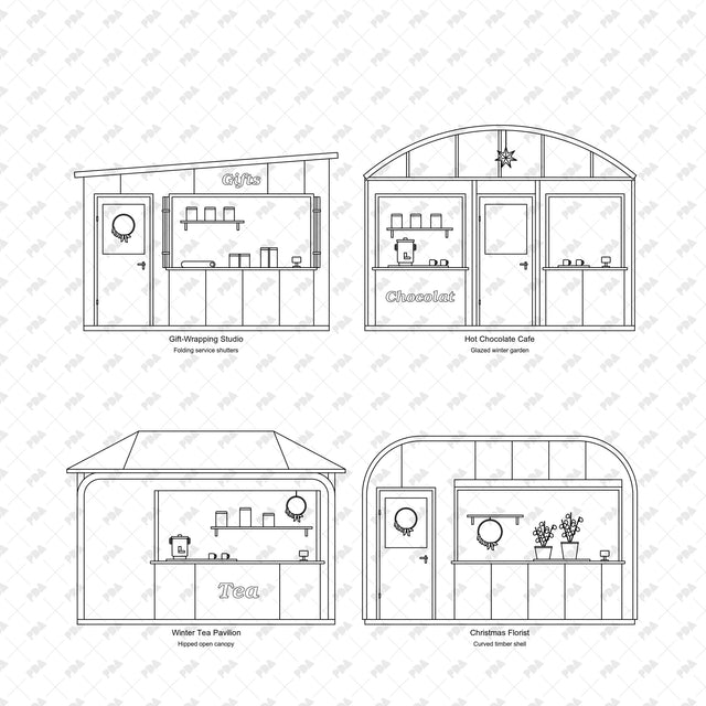 CAD, Vector, PNG Scandinavian Christmas Market Pavilions in Front View - Post Digital Architecture — Free and Affordable Resources for Architects