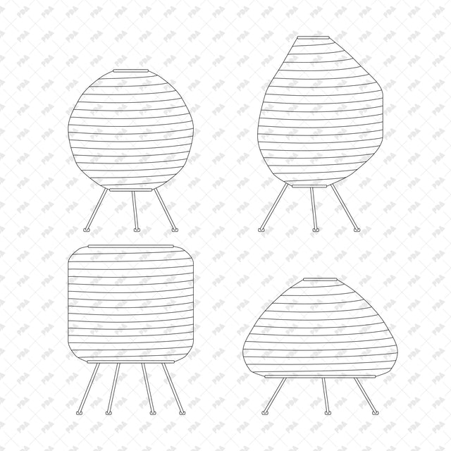 Rounded tripod, pear-shaped, square and bell-shaped paper table lamps, sculptural paper front-view line drawings.