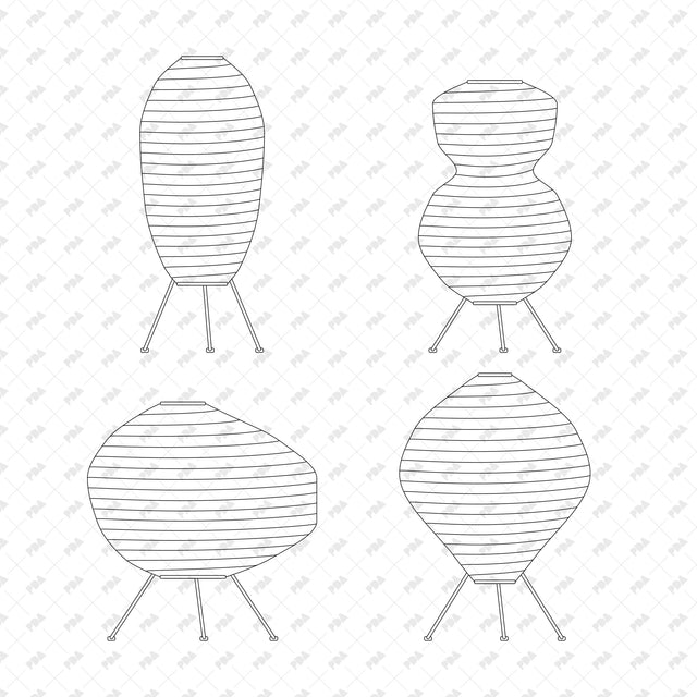 Vase, gourd, oval and faceted paper table lamps, sculptural paper front-view line drawings.