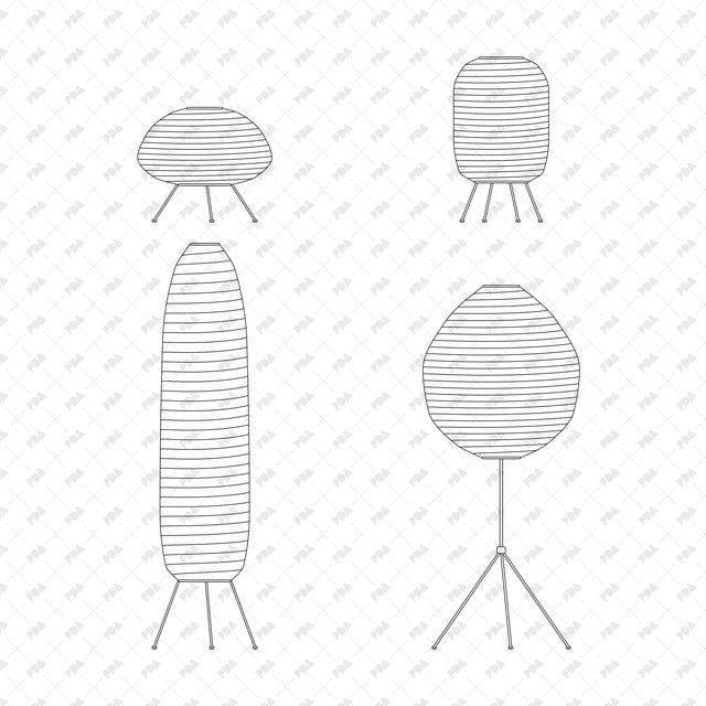 Broad cap and barrel table lamps with reed and oval floor lamps, sculptural paper front-view line drawings.