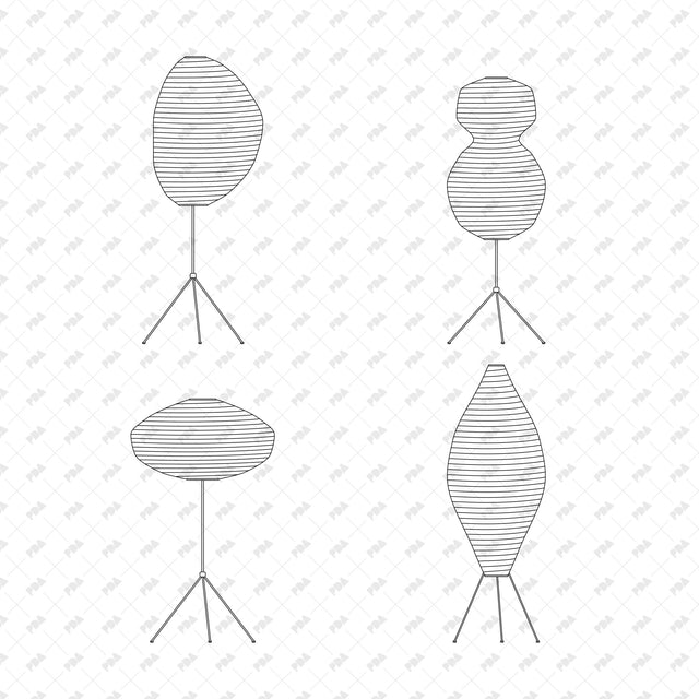 Asymmetric oval, gourd, wide moon and tapered diamond floor lamps, sculptural paper front-view line drawings.