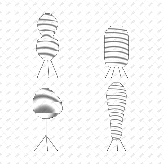 Unequal-lobed, barrel, broad oval and flared column floor lamps, sculptural paper front-view line drawings.