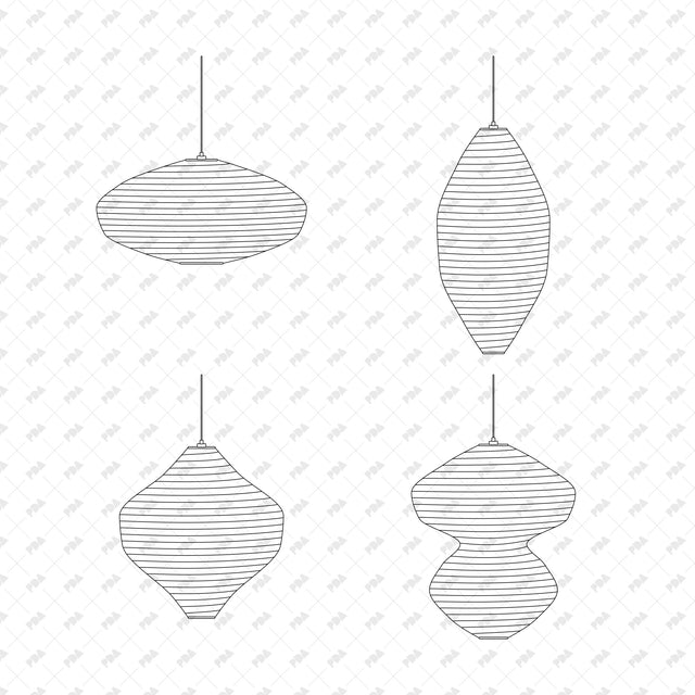 Wide cloud, elongated pod, faceted kite and double-lobed paper pendant lamps, sculptural paper front-view line drawings.