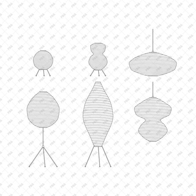 Six-lamp Micro Set of sculptural paper table, floor and pendant lamps in front view on white.