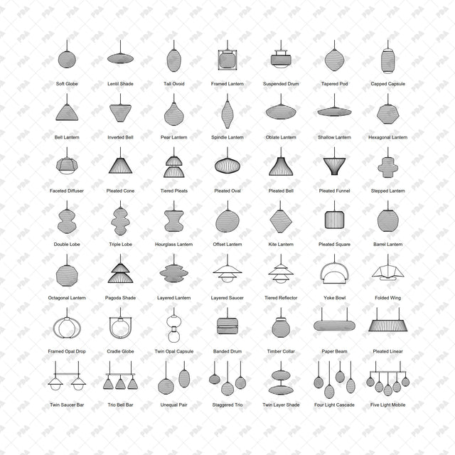 Sculptural pendant lamp front elevations: complete catalogue on white