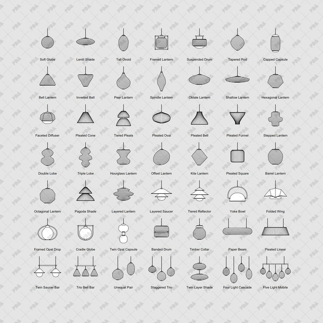 Complete catalogue of sculptural pendant lamp front elevations on light gray